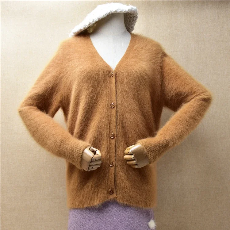 

Female Women Spring Autumn Clothing Hairy Angora Rabbit Hair Knitted V-Neck Long Sleeves Slim Cardigans Mink Fur Sweater Jacket