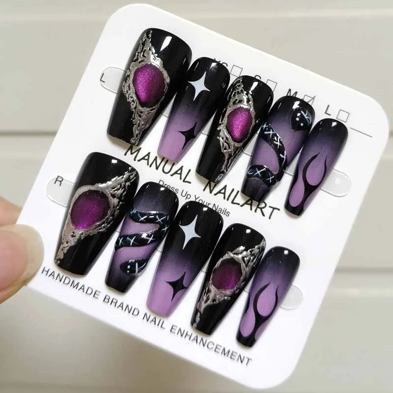 10 Pcs Women Y2k Style High End 3D Relief Black Purple Pless on Nails Nail Plates Cute Cartoon Teddy Bear Fake Nails Nail Art
