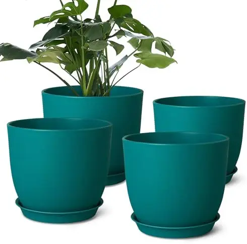 

8 Inch Plant Pots Set of 4, Blue, with Drainage Holes for Indoor Outdoor Use