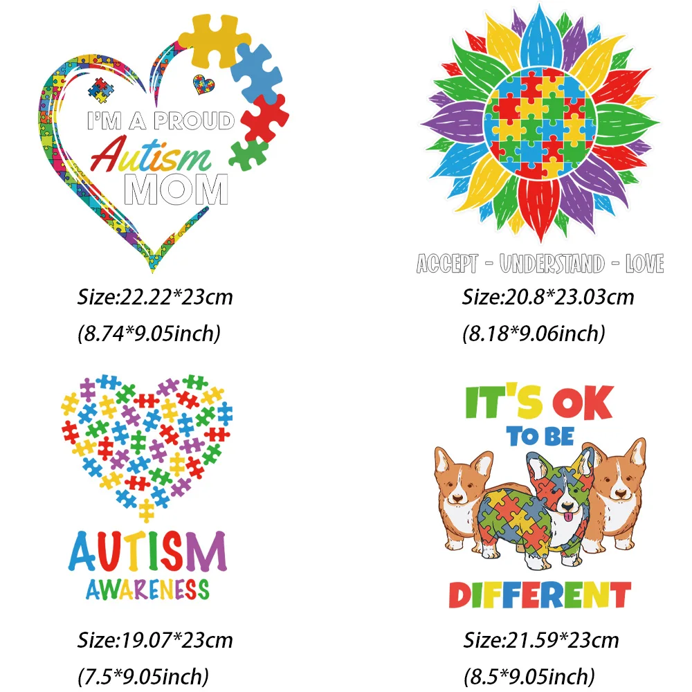 4 peice autism Heat Transfer DIY for Bag Clothes Iron on Transfers T Shirt Thermo Stickers Personalised Tops Patch flower