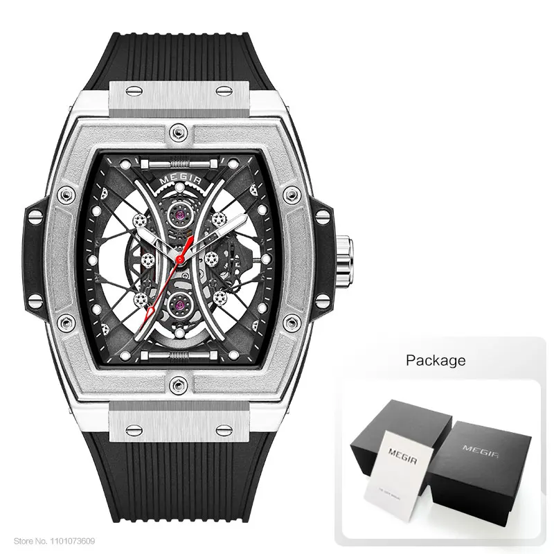 MEGIR Fashion Analog Quartz Watch Men Tonneau Dial Waterproof Military Sport Wristwatch with Luminous Hands Orange Silicone Band