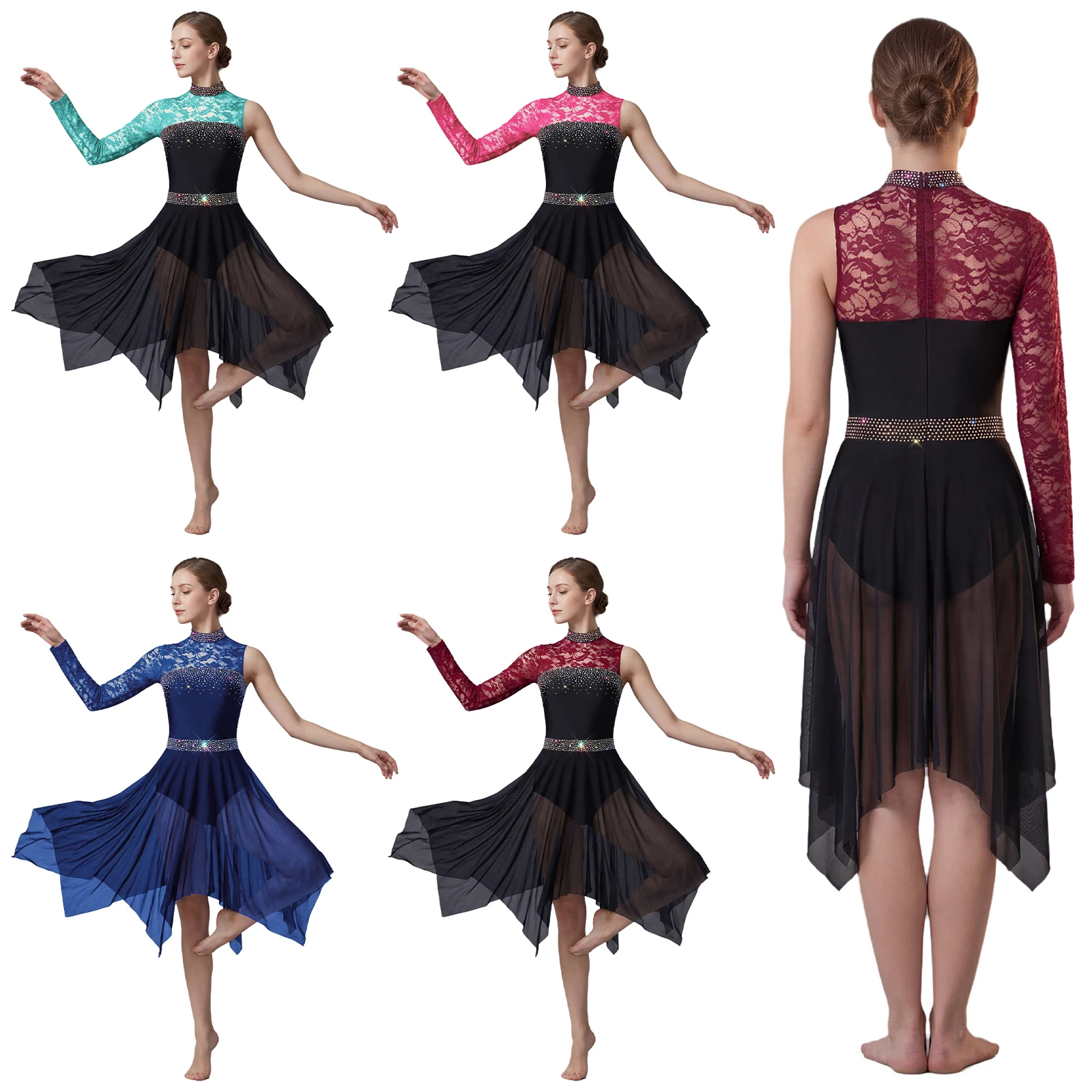 

Women Modern Lyrical Dance Leotard Dress Gymnastics Skating Ballroom Dancing Waltz Costume Floral Lace Rhinestone Mesh Dresses