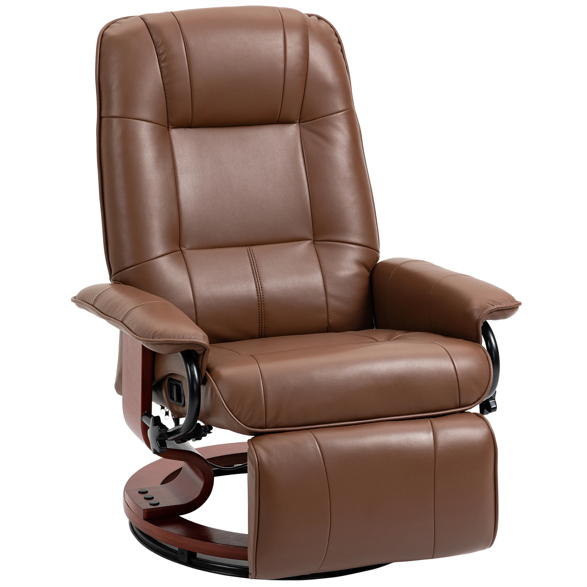 HOMCOM Swivel Recliner Chair, Air Leather Reclining Armchair with Retractable Footrest, Wood Base and Adjustable High Back for Small Spaces, Living Room, RV, Bedroom, Brown