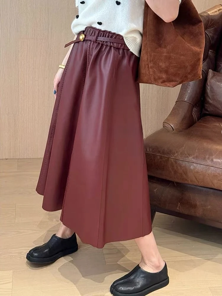 Long Leather 77cm Skirt Woman Spring New Real Leather Arch Needle Belt Big Hem Umbrella Faldas Largas Burgundy Woman Clothes
