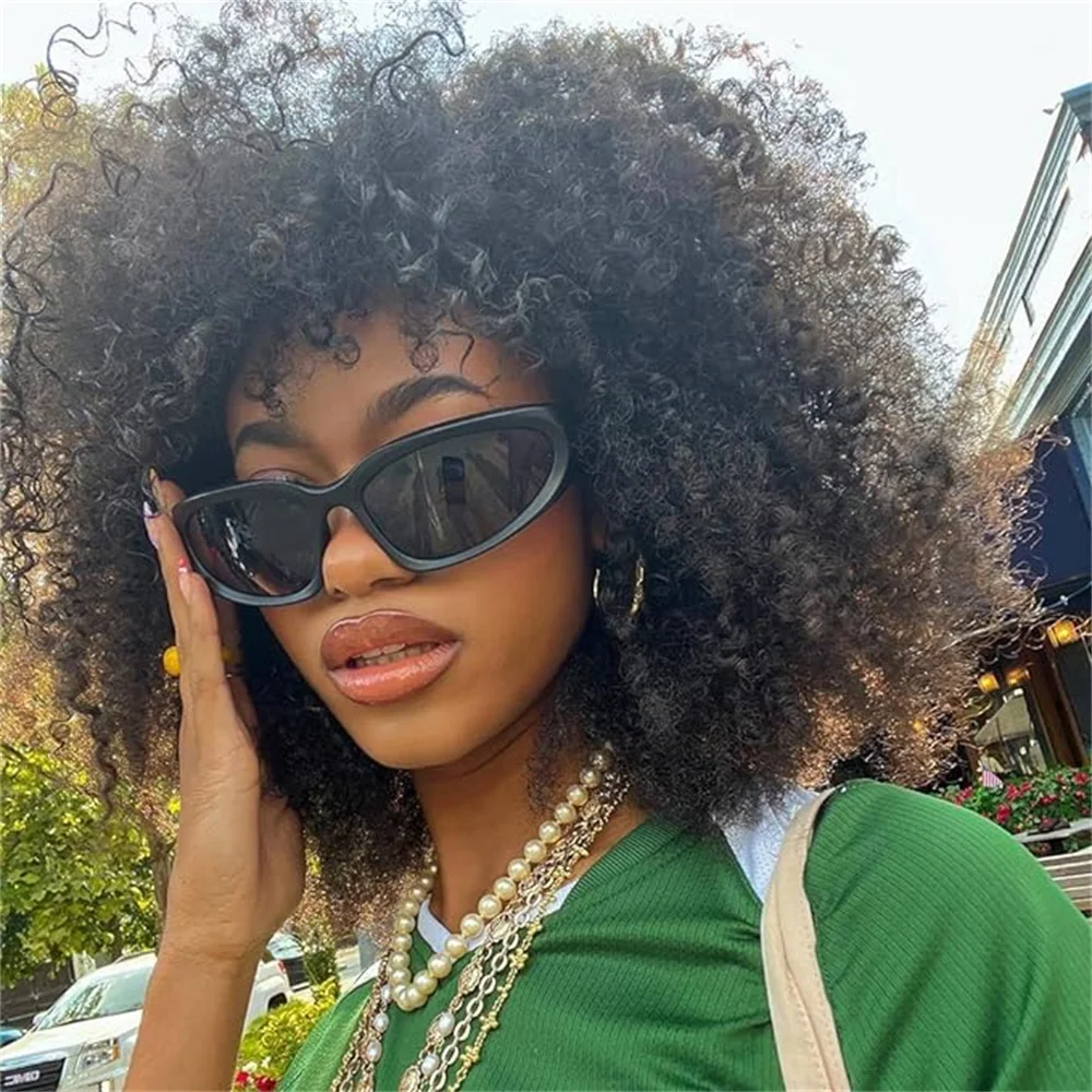 

10-22Inches Afro Kinky Curly Human Hair With Bangs Full Machine Made Wigs Natural Color For Black Women 180% Density