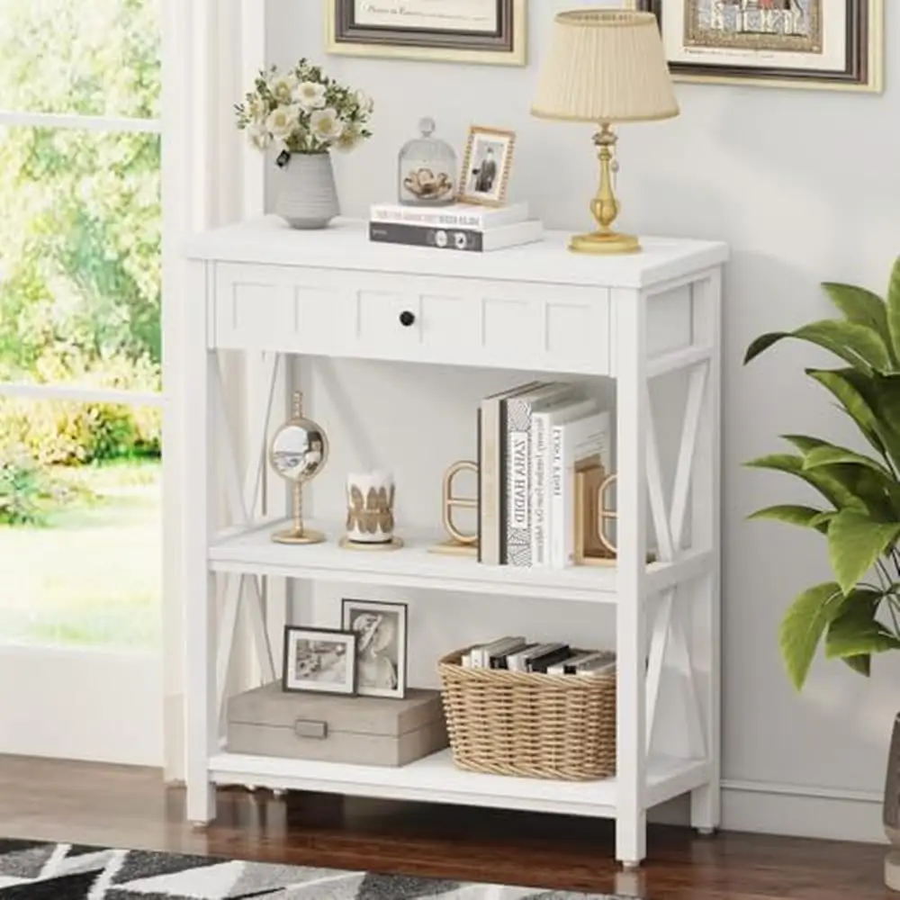 

Wood and Metal Bookshelf with Drawer Modern Rustic Short Bookshelf Living Room Home Office White Oak 29.53"W x 12.6"D x 33.7"H