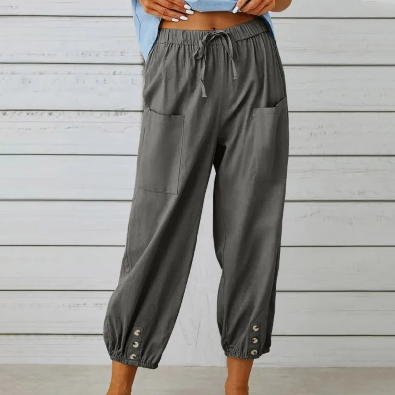 2026 New Women Simple Loose High Waist Buttoned Cotton And Linen Pant Nine-Point Pants Wide Leg Women's Pants Streetwear Clothes