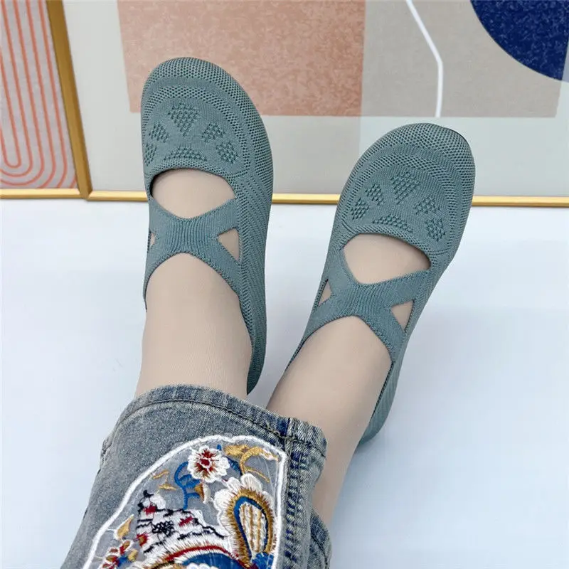 Summer Cheap Mesh Loafers Soft Soled Cross Mary Janes Shoes Lady Ladies Ballet Dance Flats Non-slip Granny Shoes