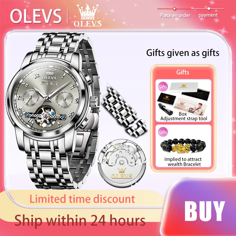 OLEVS Original Brand Skeleton Fully Automatic Mechanical Watch for Men Waterproof Luminous Hollowing Out Year Month Day Watches