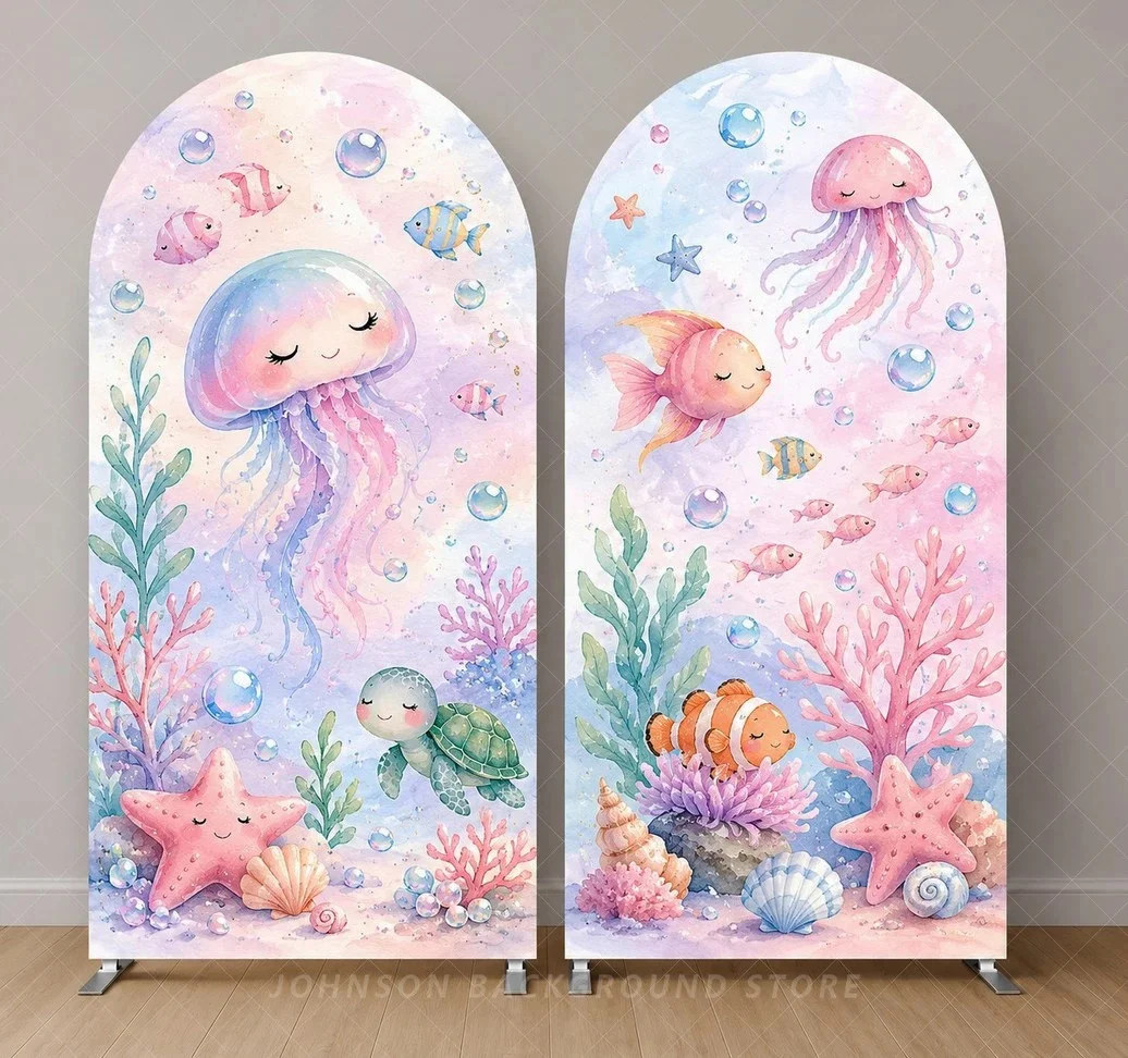 Pastel Jellyfish Under the Sea fish Arch Backdrop Ocean Birthday Party Background Mermaid Sea Life Baby Shower Decor