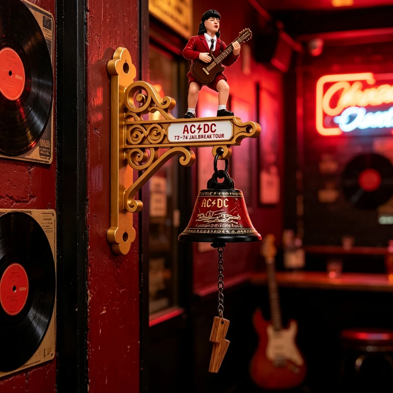 AC/DC Rock Guitarist Resin Figurine Wall Door Bell Vintage Metal Hanging Bell Bar Home Decor Gift