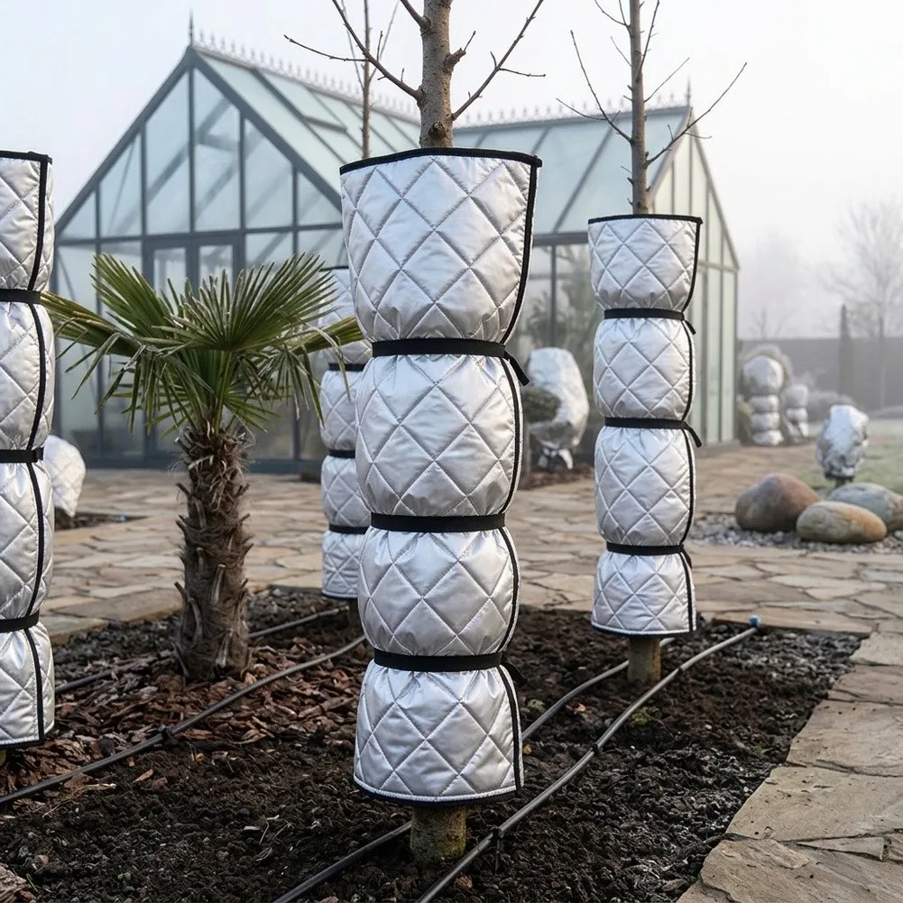 Reusable Quilted Tree Trunk Cover for Winter Insulation and for Animal Scratch Prevention 100x100cm Silver Cotton Design