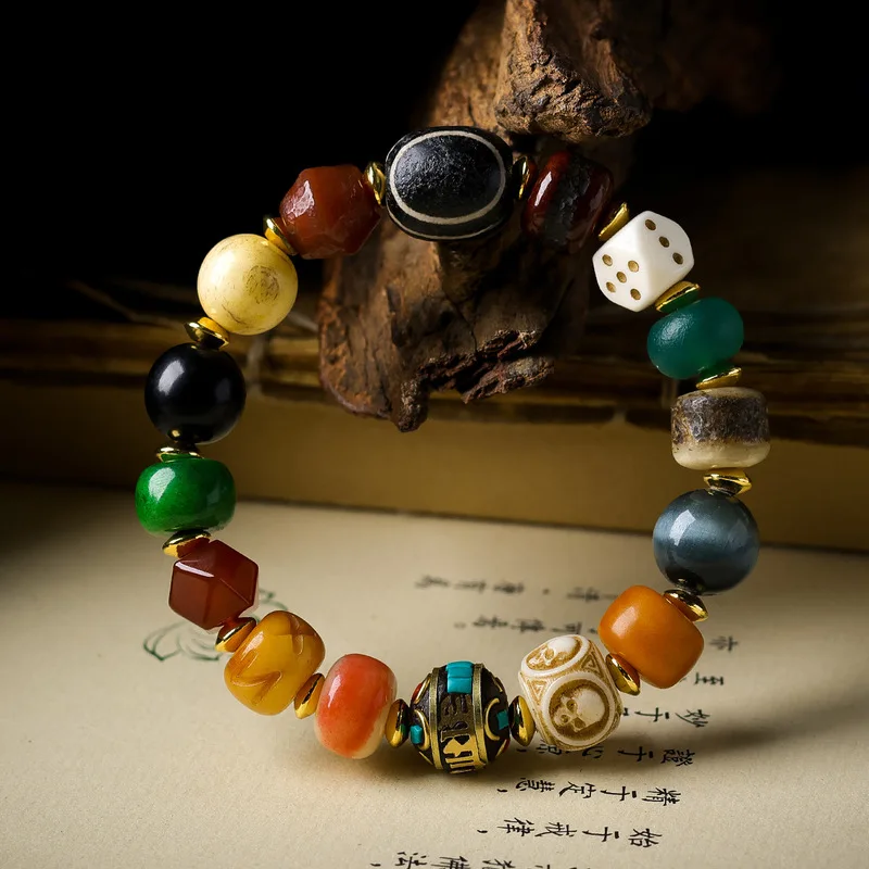 Tibetan-Style Jewelry, Including Dzi Beads, Agate, Bone, Black Antler, And Blue Tiger'S Eye Stone Multi-Strand Bracelets