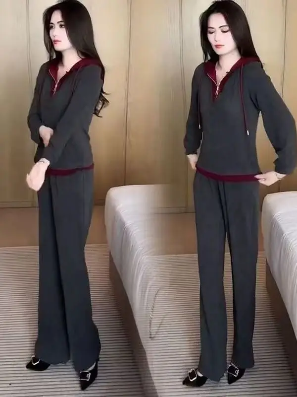 패셔너블 캐주얼 스포츠웨어 세트 여성용 봄 가을 2025 신상 디자인 센스 탑 바지 세트 후드 롱 팬츠