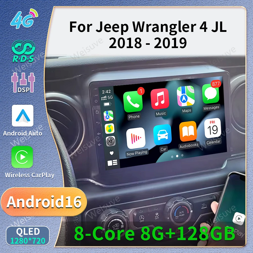Android 16 Autoradio for JEEP Wrangler 4 JL 2018 2019 Gladiator Car Radio Multimedia Video Player GPS Navi Carplay 4G WIFI BT