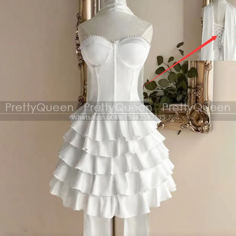 

White Short Bridesmaid Dresses Tiered A Line Strapless Sweetheart Customized Corset Back Wedding Party Dress