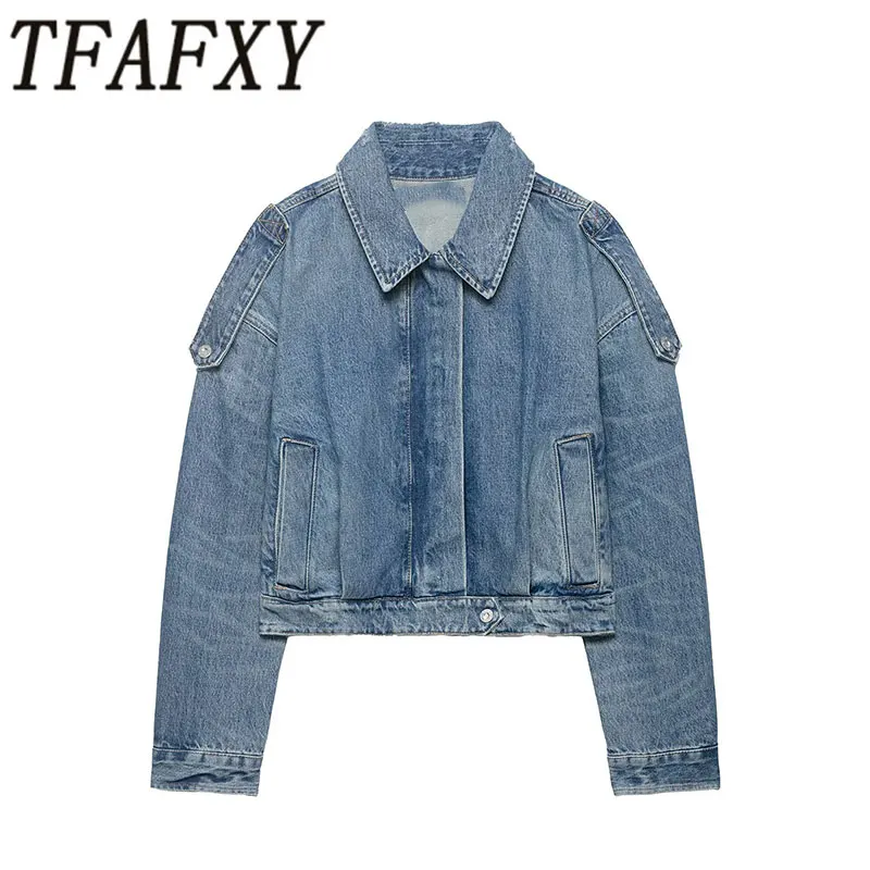 TFAFXY 2026 Frühling Denim Cropped Jacken Damen Locker Sitzende Reißverschlusstaschen Langarm Damenmäntel Streetwear Oberbekleidung