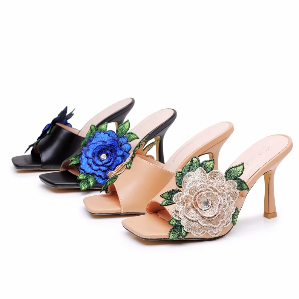 

Women High Heeled Sandals Temperament Embroidered Flower Designer High Heel Sandal Summer Square Toe Open-toe High Heel Slippers