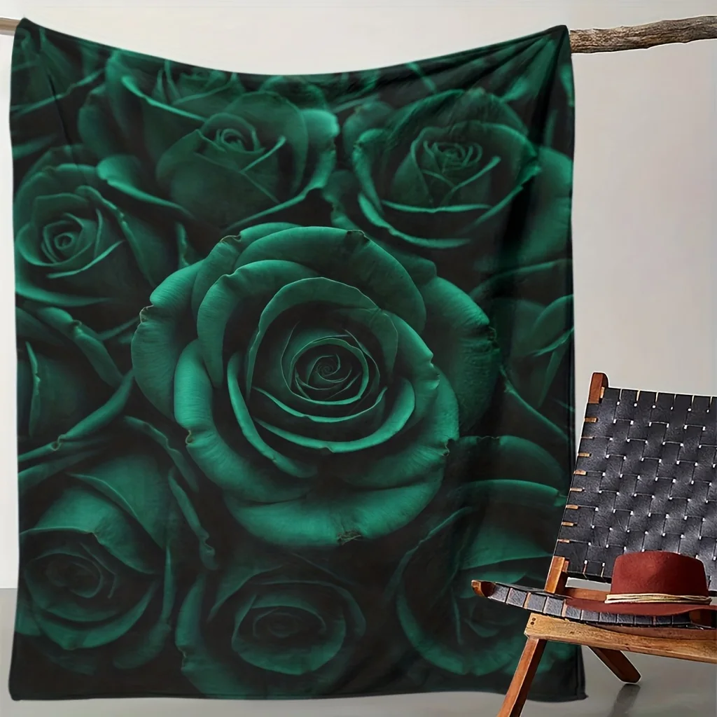 Soft High-Definition Digital Print Deep Green Rose Pattern Flannel Blanket Cooling Blanket Soft Breathable 100% Polyester All-Se