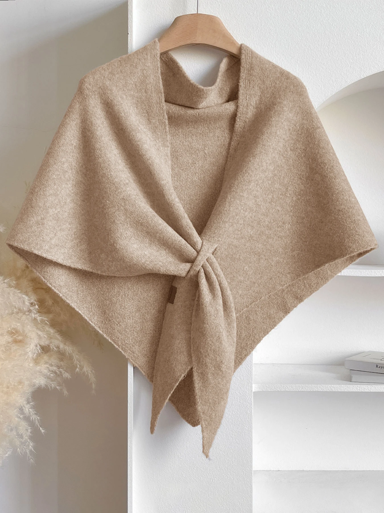 Solid Knitted Triangle Shawl Wrap, Fashion Knotted Poncho Cape, Soft Warm Shoulder Cover for Ladies Fall Casual Daily Wear