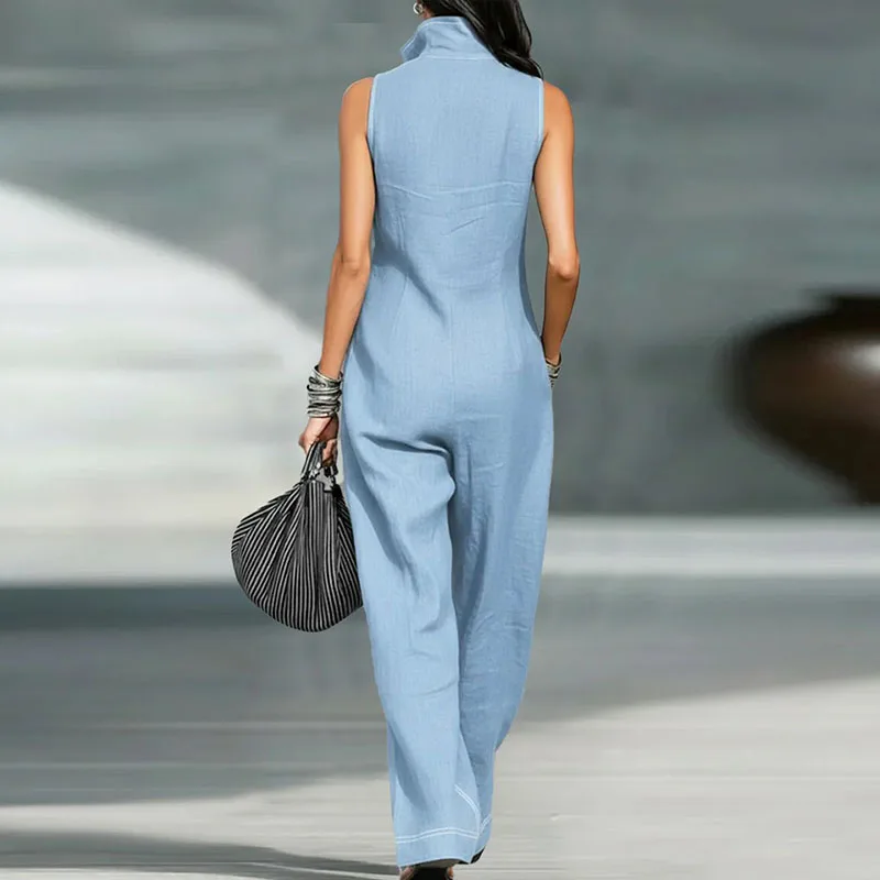 

Элегантный женский комбинезон с воротником-стойкой и молнией до середины груди, весенний, с контрастной строчкой, карманами, свободного кроя, летний, с широкими штанинами