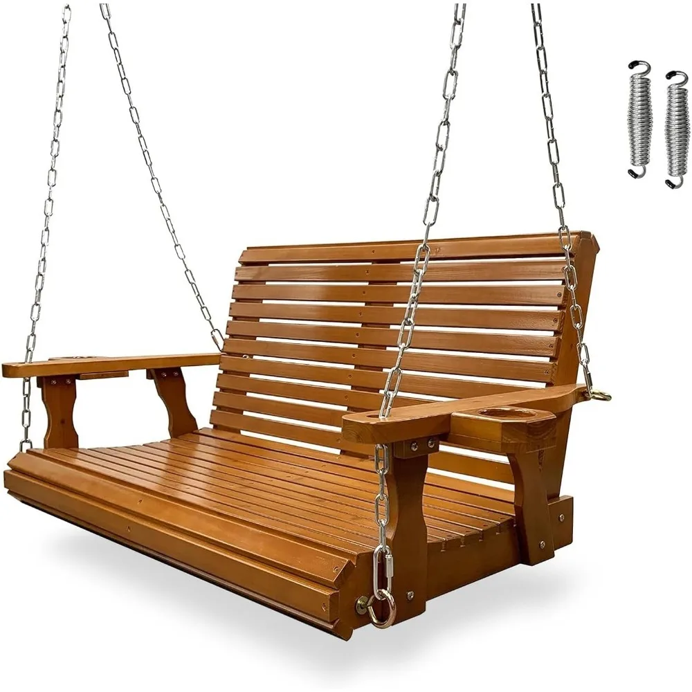 Wooden Porch Swing 2-Seater, Bench Swing with Cupholders, Hanging Chains and 7mm Springs, Heavy Duty 880 LBS