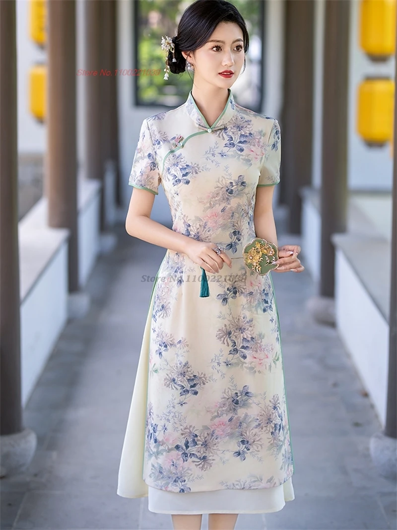 

2024 vietnam traditional dress improved qipao national flower print vietnam ao dai dress oriental fairy dress cheongsam dress