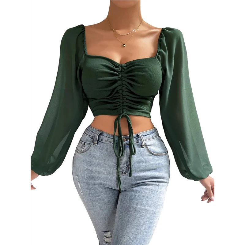 

【Party-Decoration】Women's Mesh Long Sleeve Drawstring V Neck Ruched Lantern Tie Back Night Going Out Crop Top Blouse