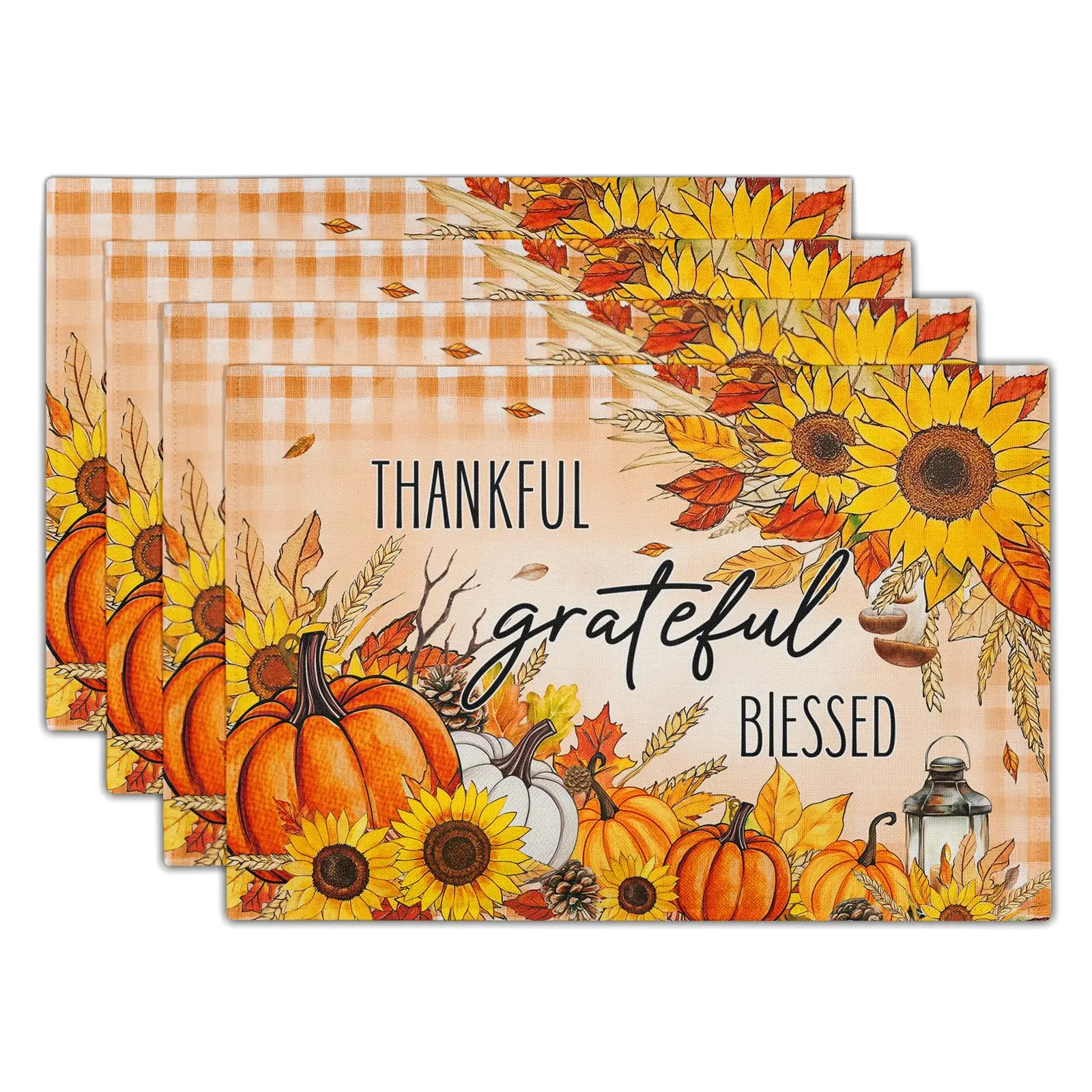 Placemat Table Mat Pumpkin Sunflower Thankful Grateful Blessed Print Heat Resistant Thanksgiving