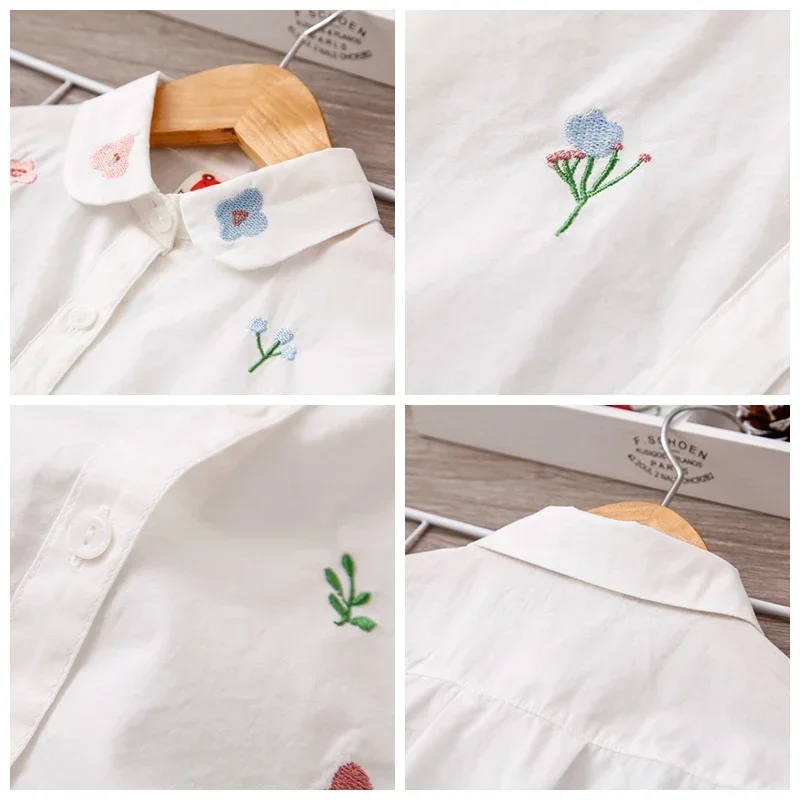 100% cotton White Girls Blouses Long Sleeve Autumn 2023 Kids Clothes Girls 8 10 12 Cartoon Fox Embroidery Tops School Shirts