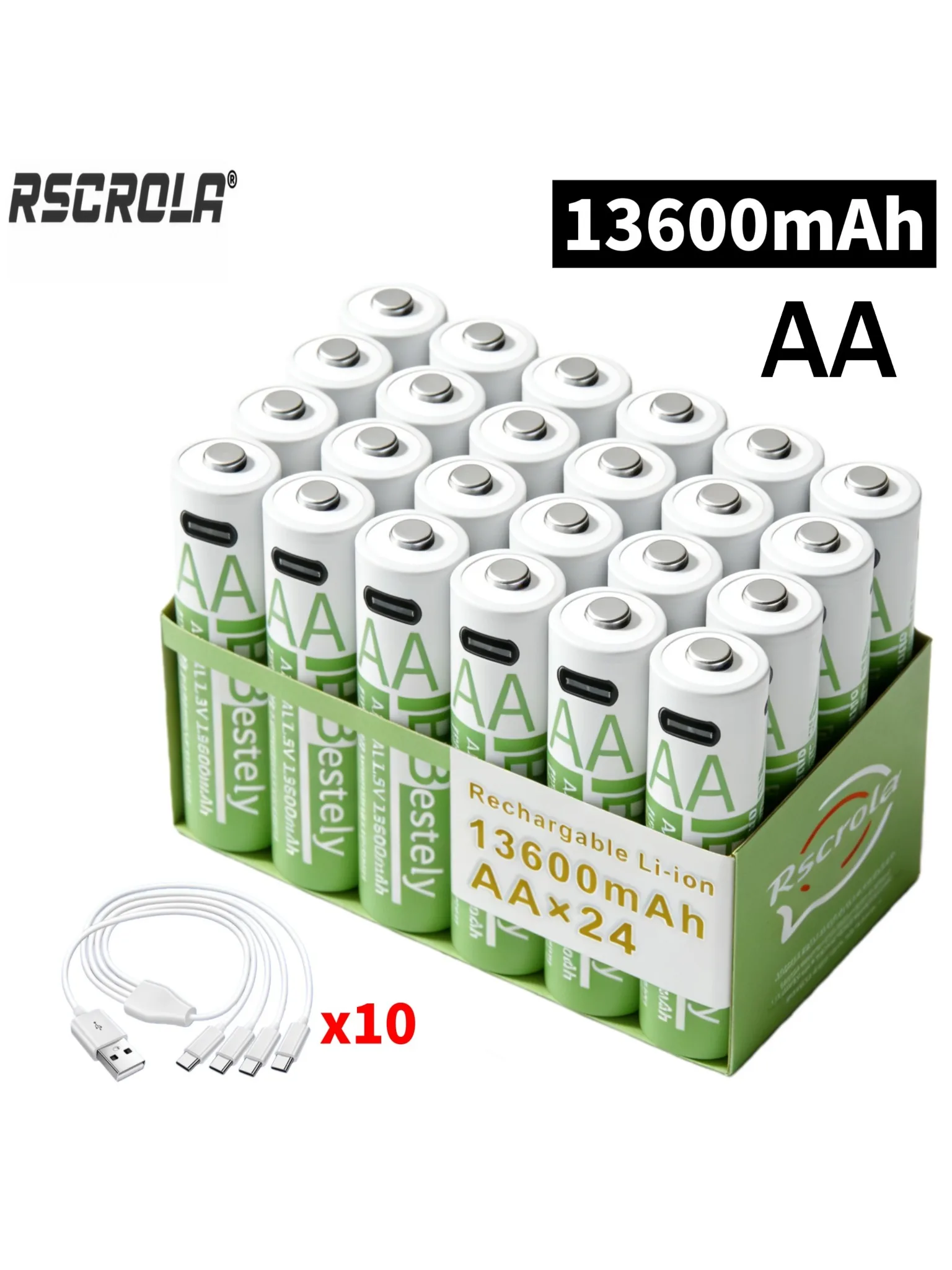 AliExpress Rscrola Latest Rechargeable 1.5V AA 13600mAh USB Lithium Battery , Fast Charging Li-ion AA Battery  , 2000 Cycle with USB- C Port Cables