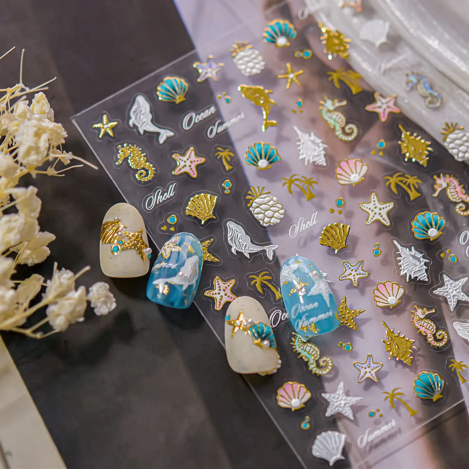 Pegatina de concha de perlas de lujo para uñas 5D, delfines de estrella de mar en relieve, piezas adhesivas para decoración de uñas, pegatinas para manicura DIY