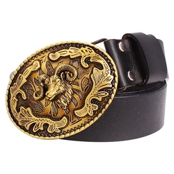 Fashion Belt Sheep Argali Golden Ram Head Buckle Cowskin Leather Goat Pattern Heavy Metal Rock Style Accessories