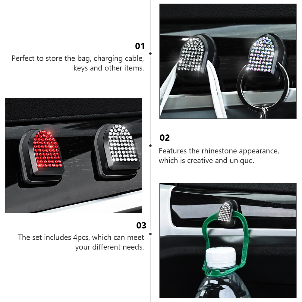 

4pcs White Rhinestone Hooks Car Interior Storage Hanger Bag Cable Key Holder Small Hook Set Durability Practical Use Creative