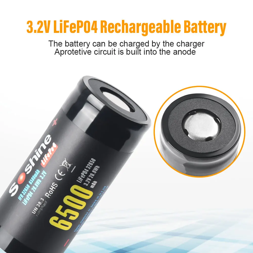 Soshine 32650 LiFePO4 Battery 3.2V 6500mAh Rechargeable Battery 2000 Discharge Cycle 100% Original 3.2V 32650 6500mAh Batteries