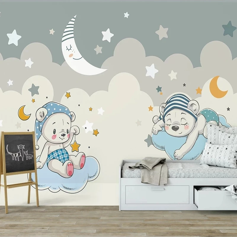 Custom 3D Photo Cartoon Little Bear Moon Stars Children Room Boys Room Bedroom Art Mural Wallpaper Living room sofa restaurant