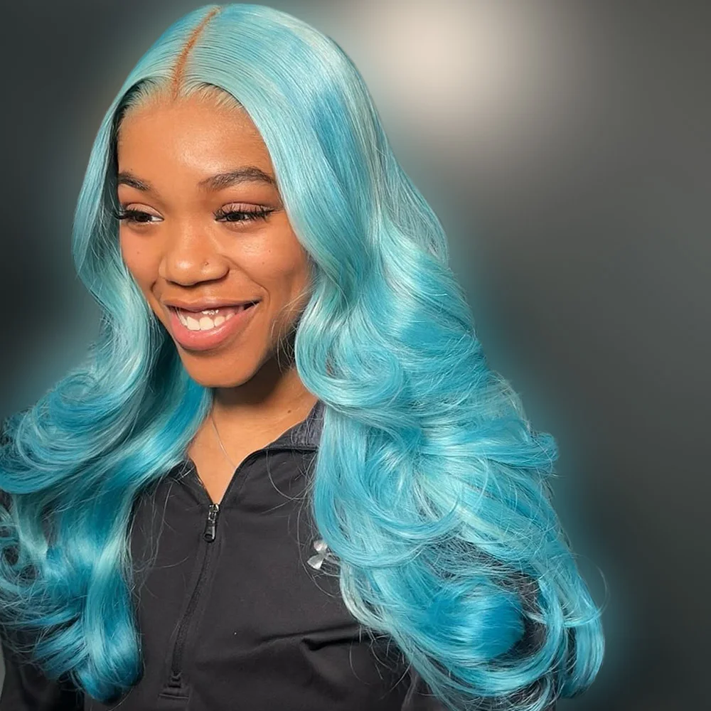 Baby Blue Colored Glueless Human Hair Wigs Body Wave Lace Frontal Wigs Pre Plucked 5x5 Lace Closure Wig with Drawstring 200%