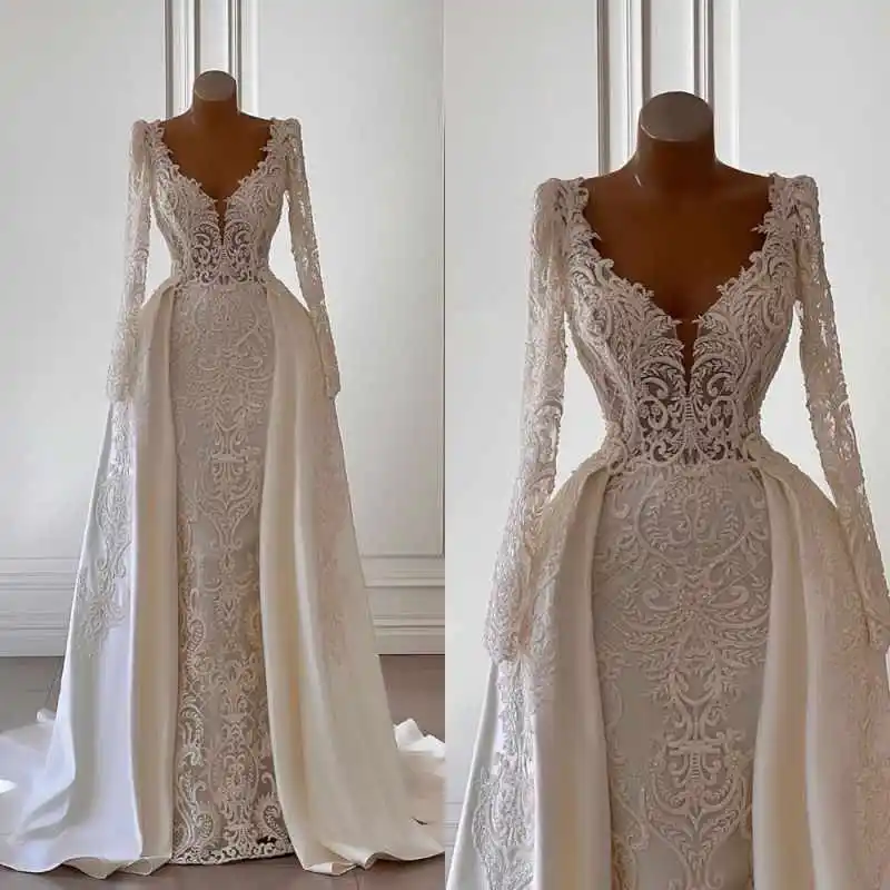 

Luxury V Neck Mermaid Wedding Dress Elegant Lace Long Sleeve Bridal Gown Detachable Train Bride Dresses Customized