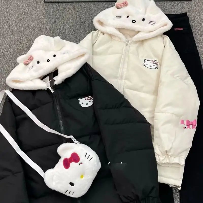 Kawaii Hello Kittys Winter Cotton Coat with Bag Women Sanrioed Christmas Plus Velvet Thickened Warm Cartoon Sweet Warm Jacket