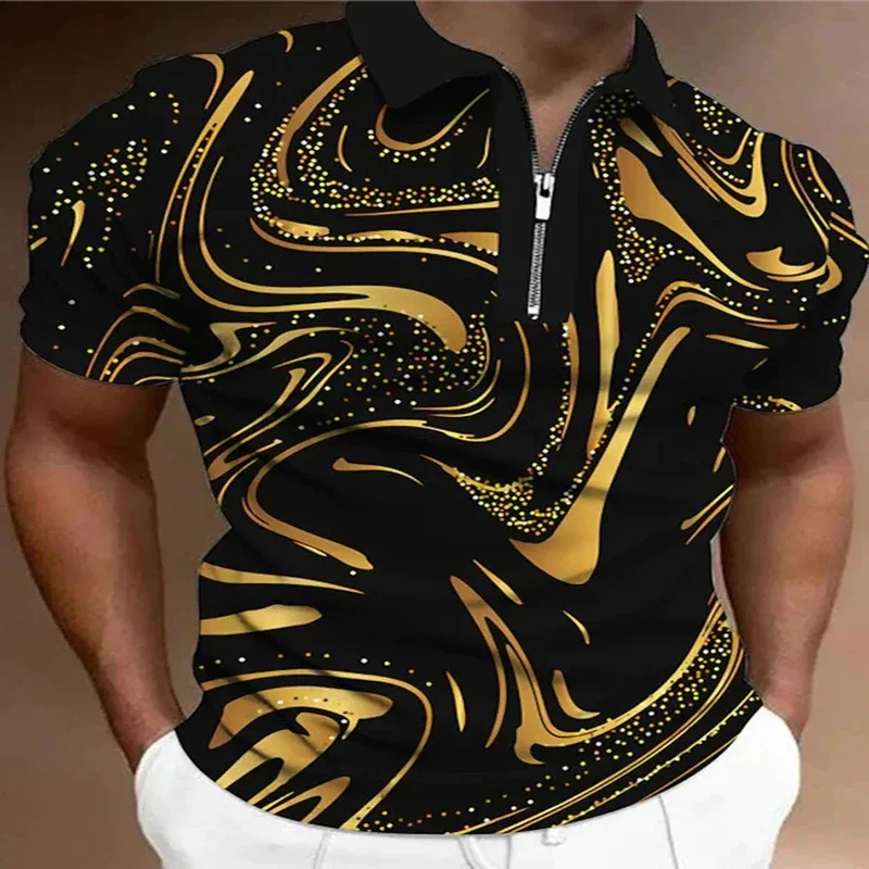 

Gradient 3D Print Polo Zipper Short Sleeve Shirt for Men