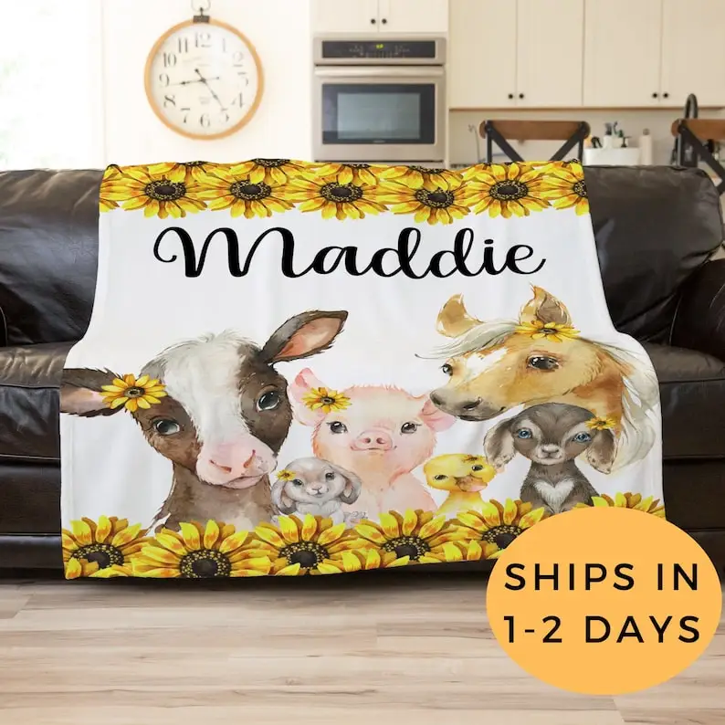 

Farm Animal Blanket, Sunflower Blanket Personalized With Name, Custom Toddler Blanket, Adult Size Blanket, Farm Nursery Decor, B