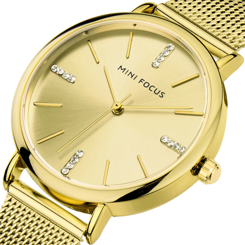 

Best Selling MINI FOCUS MF0036L Luxury Elegant Women Quartz Watches Diamonds Dial Gold Mesh Steel Band Waterproof Ladies Watch