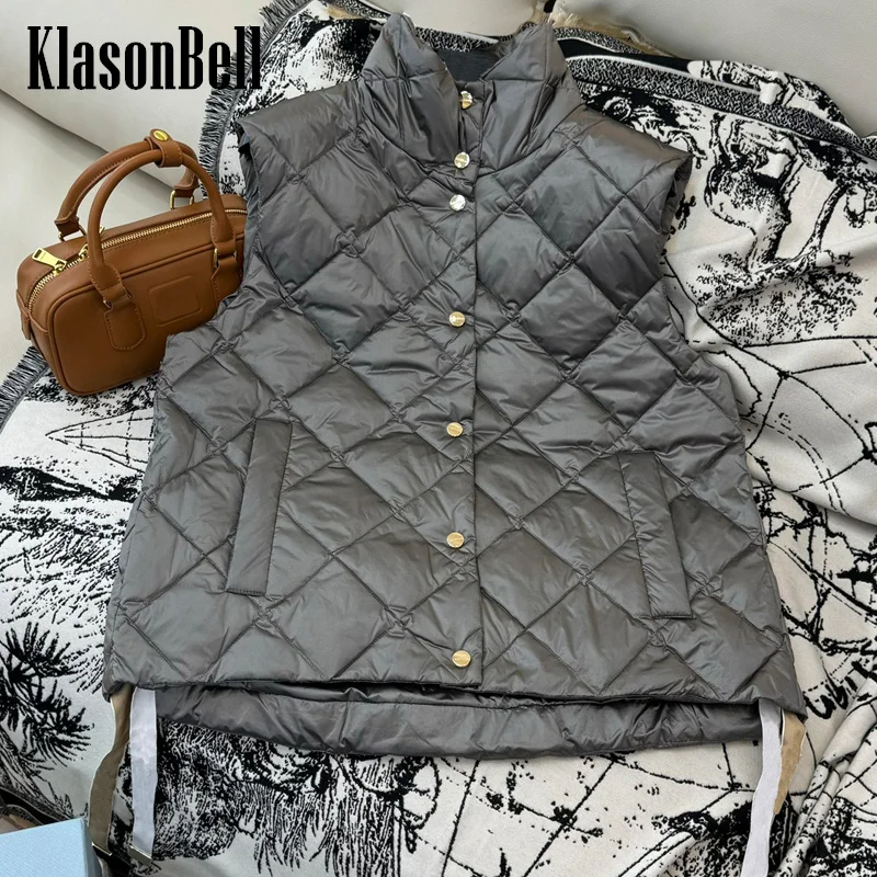 

9.4 KlasonBell Women Quilted Argyle Plaid Short White Goose Down Vest Stand Collar Single Breasted Keep Warm Down Outerwear