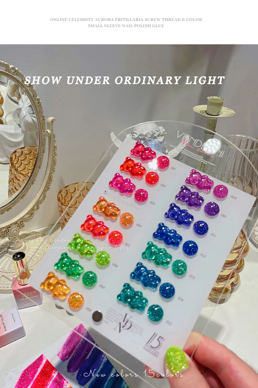 Vendeeni 15 Farben/Set Glitzer-Broken-Diamond-Gel-Nagellack, semi-permanenter UV-LED-Soak-Off-Gel-Lack mit Display – Detail 7