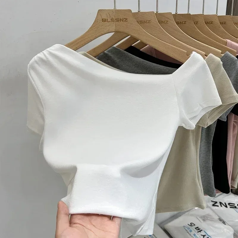 AOSSVIAO Womens Long Sleeve Off Shoulder T Shirts 2026 Tight Knit Sexy Slim Fitted Casual Women's Basic Tops Cropped T-Shirt