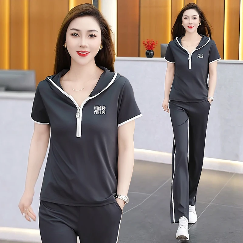 

Комплект из ледяного шелка: женский летний новый модный спортивный костюм с эффектом омоложения, дышащий, утягивающий, из двух предметов, футболка с коротким рукавом