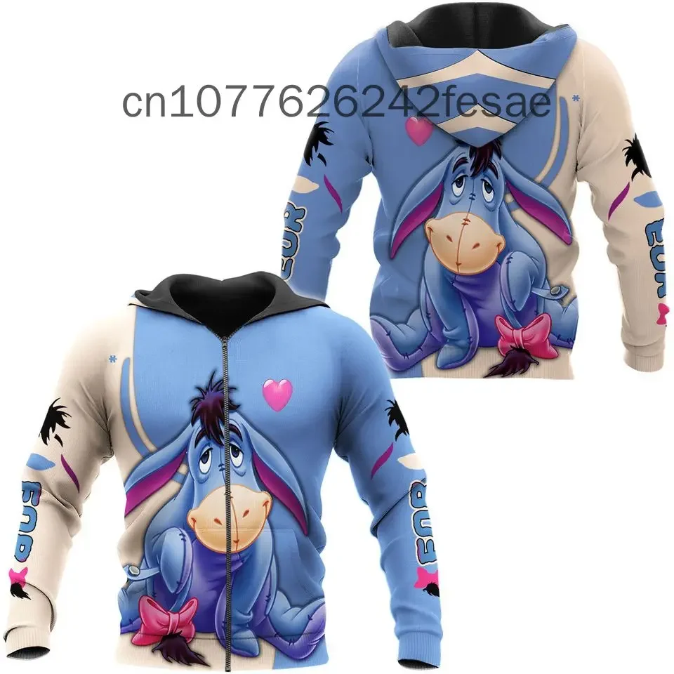 2024 New Disney Eeyore Zipper Hoodies Casual Hip Hop Street Clothing Men\'s and Women\'s Long sleeved Sweatshirts