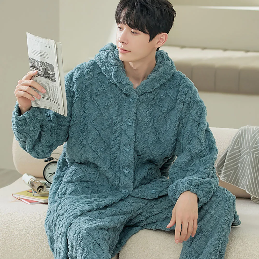 

Jacquard Pattern Pajamas In Set Couples Winter Warm Thicken Flannel Hooded Long Shower Robe+Comfortable Sleeping Pajama Pants