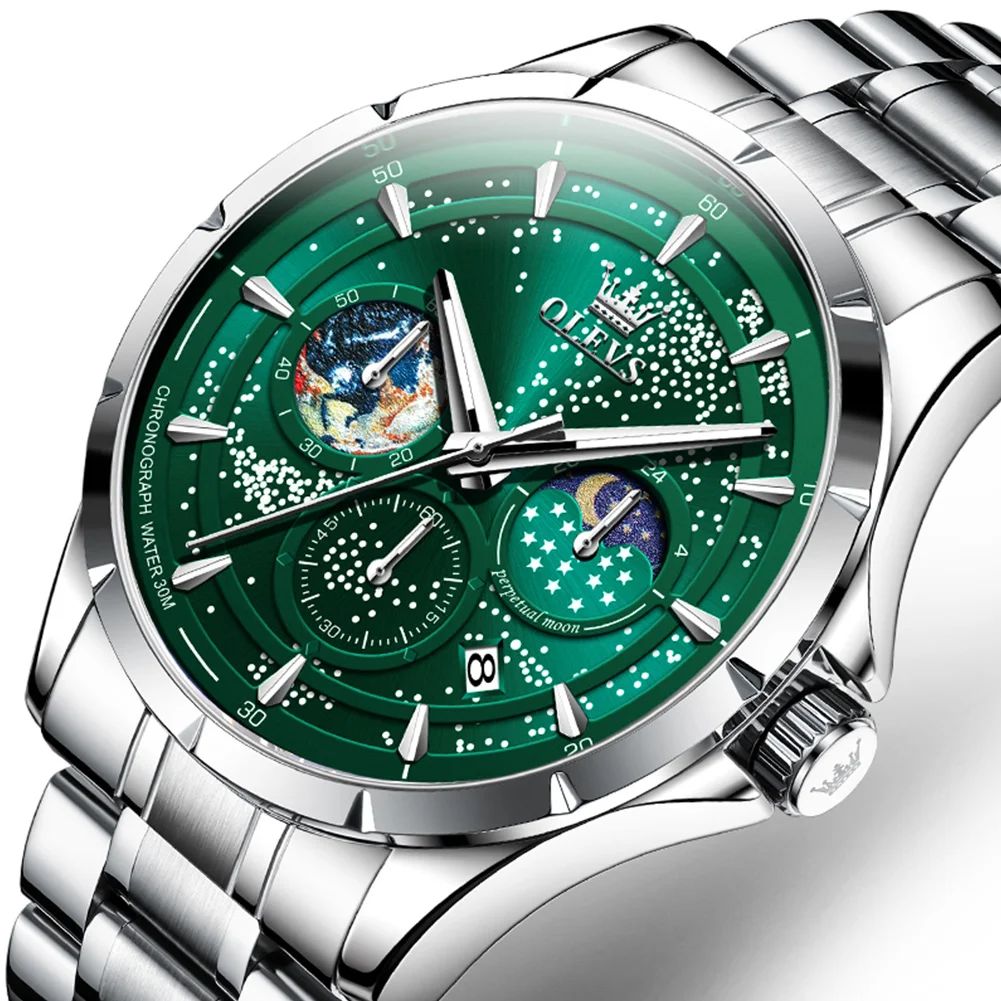 OLEVS Mode Grün herren Uhren 2025, Neue Top Luxus Marke Uhr Männer Wasserdichte Leder Quarz Armbanduhr relogios masculino