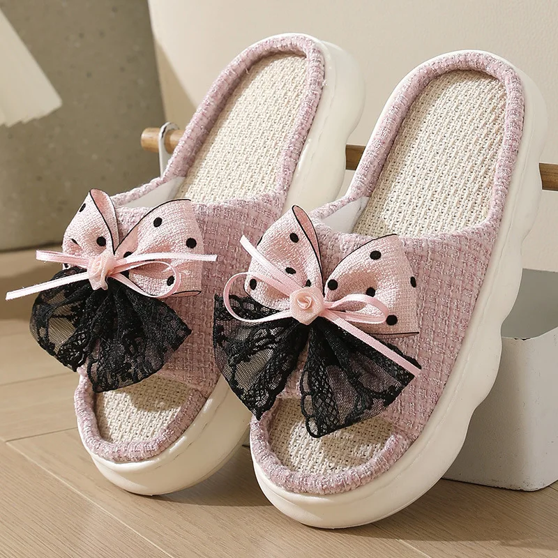 

Bow Linen Slippers for Women Non Slip Breathable Indoor Cotton House Shoes with Thick Sole Spring Autumn Home Slippers